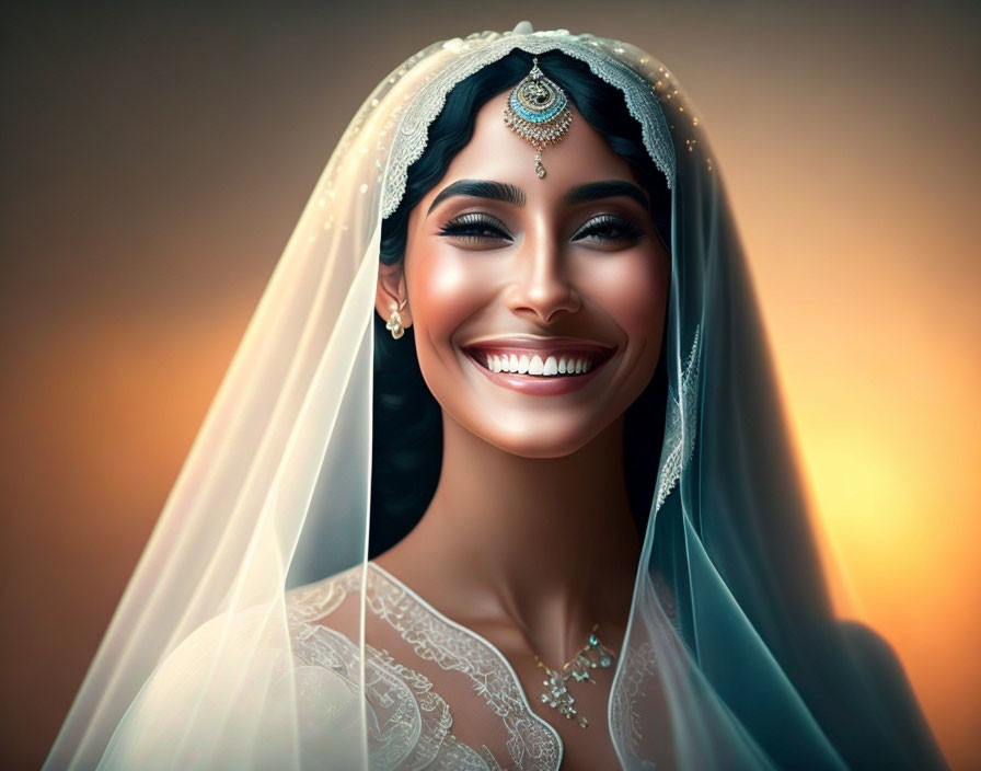 Joyful bride in white veil and bejeweled headpiece on warm backdrop