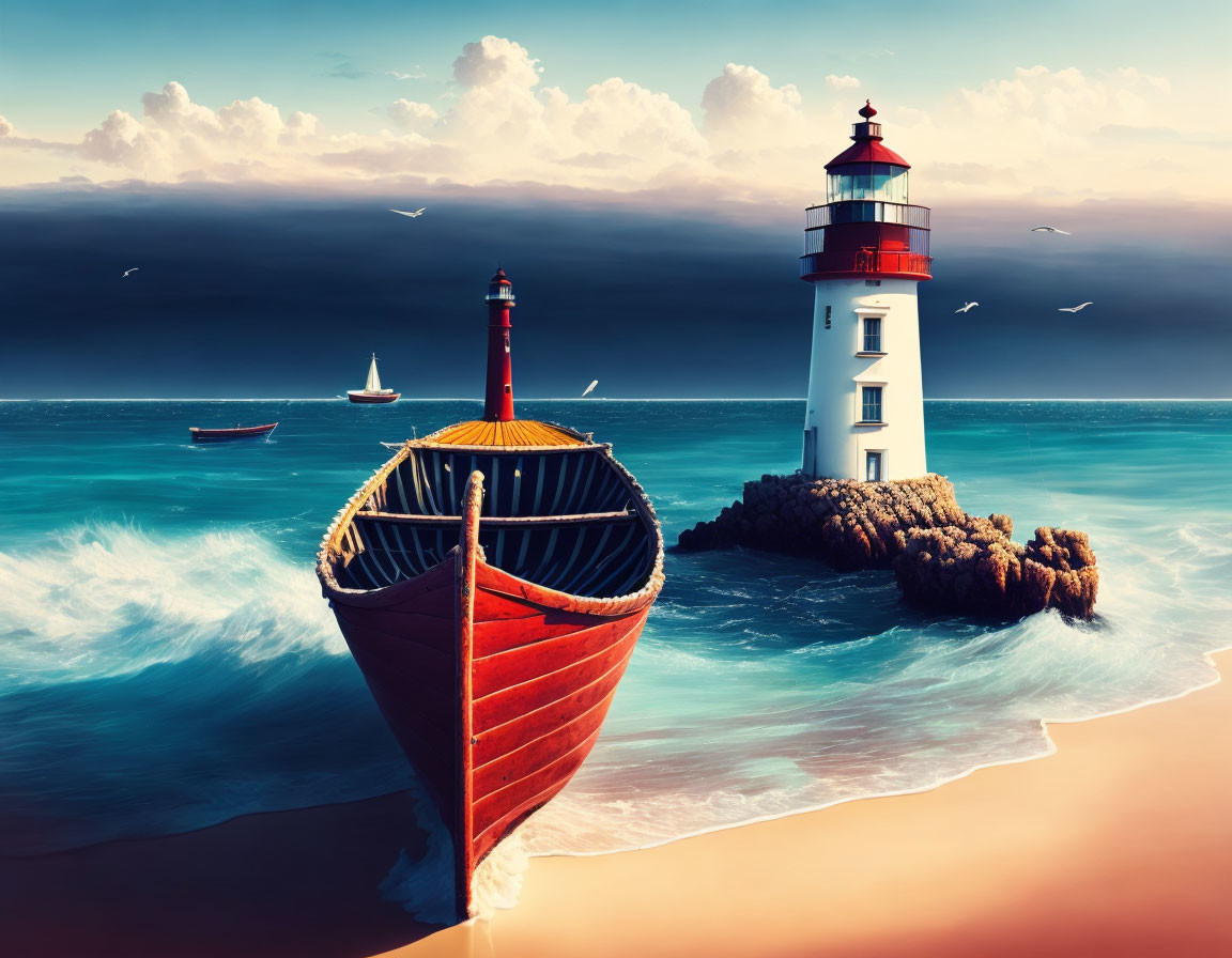 Scenic red boat, white lighthouse, seagulls, stormy sky on calm sea