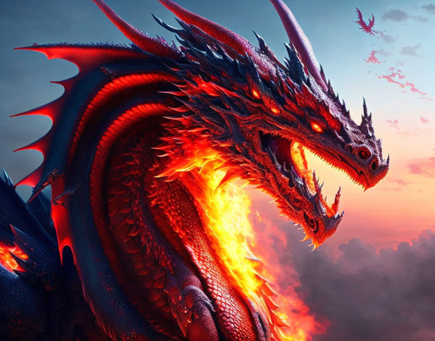 Red and Blue Dragon Breathing Fire in Twilight Sky