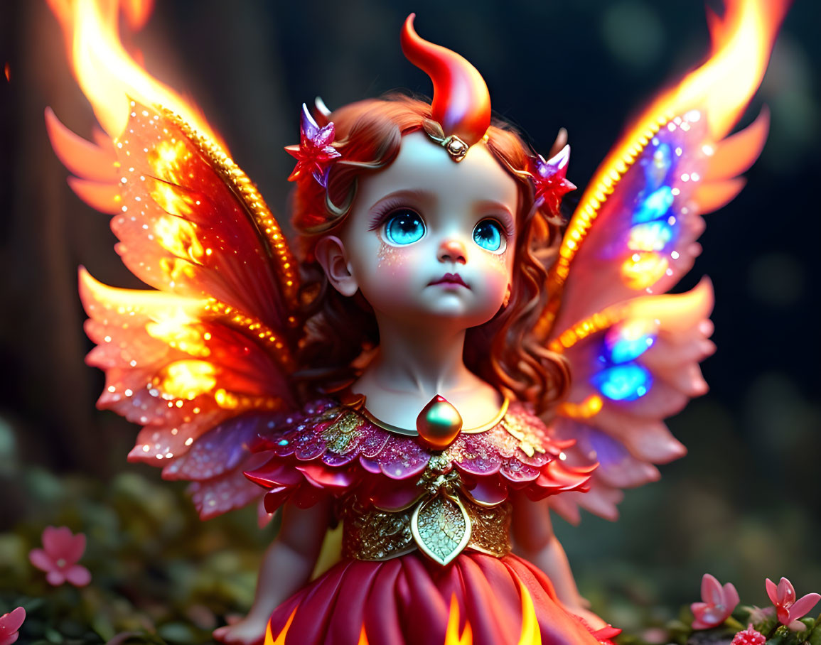 Whimsical fairy child with colorful wings in mystical forest