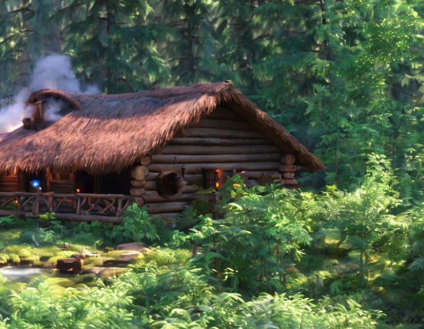 Thatched Roof Wooden Cabin in Lush Green Forest