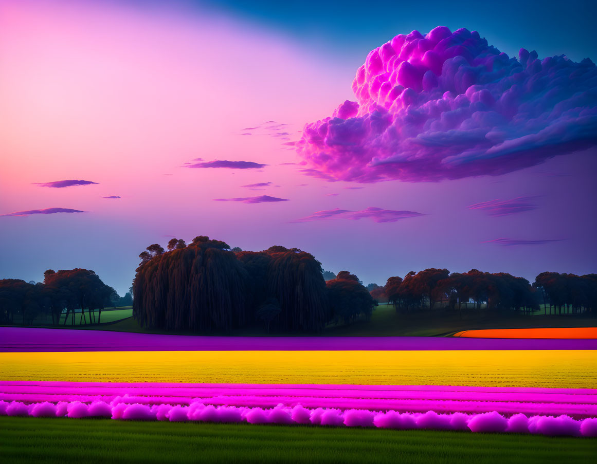 Majestic purple cloud over vibrant, layered fields