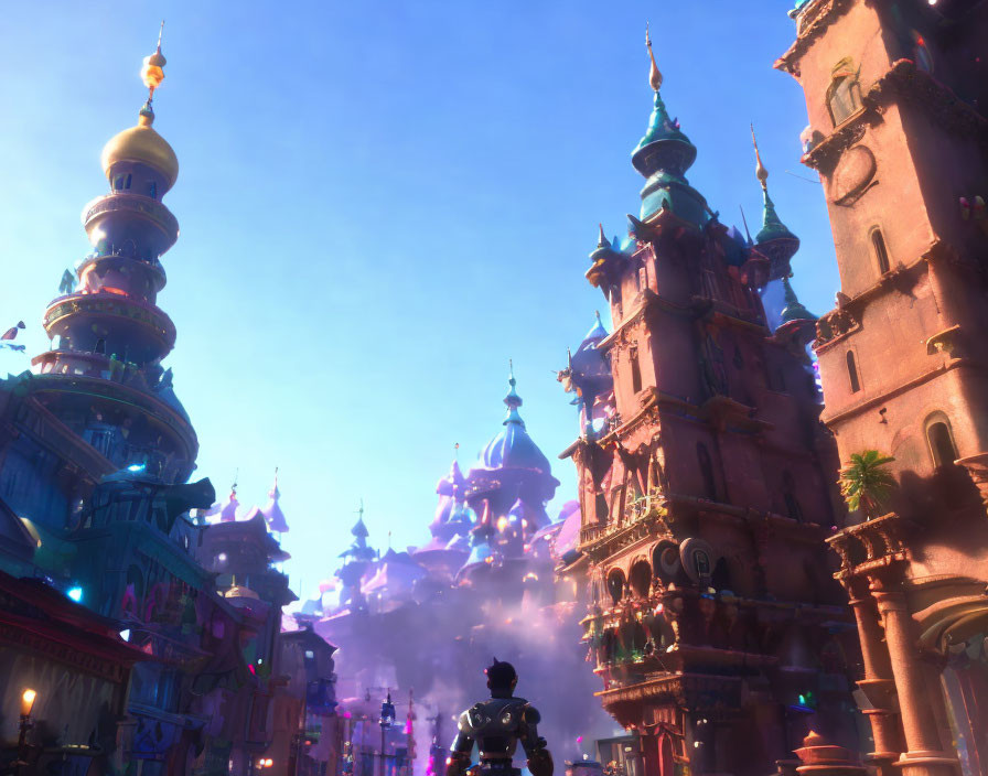 Fantastical cityscape with towering spires and golden domes