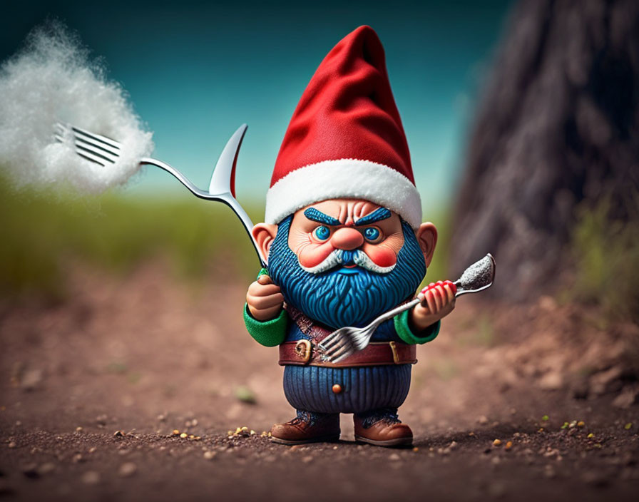 Whimsical angry garden gnome with fork and spoon in hand