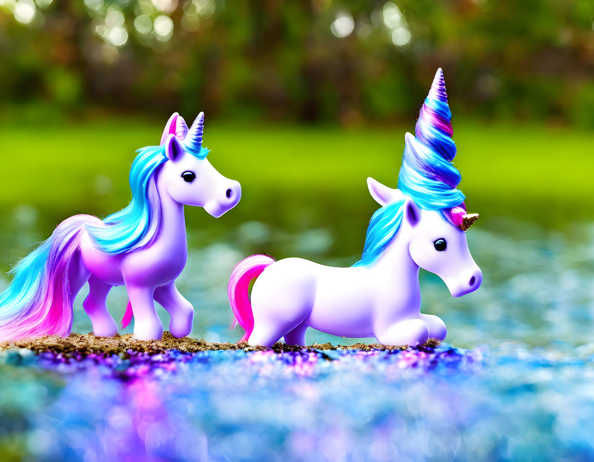 Colorful Toy Unicorns on Glittery Surface with Green Background