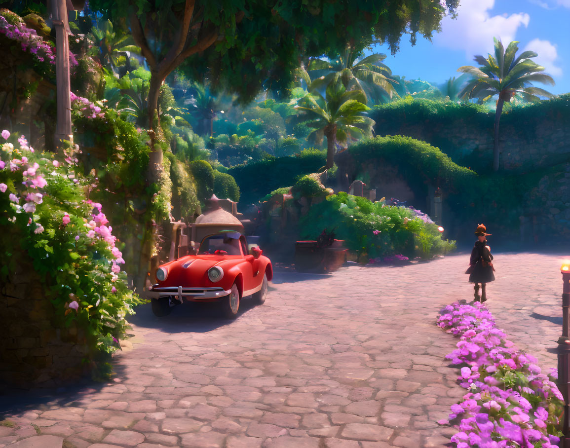 Red vintage car on cobblestone street with pink flowers and person in hat