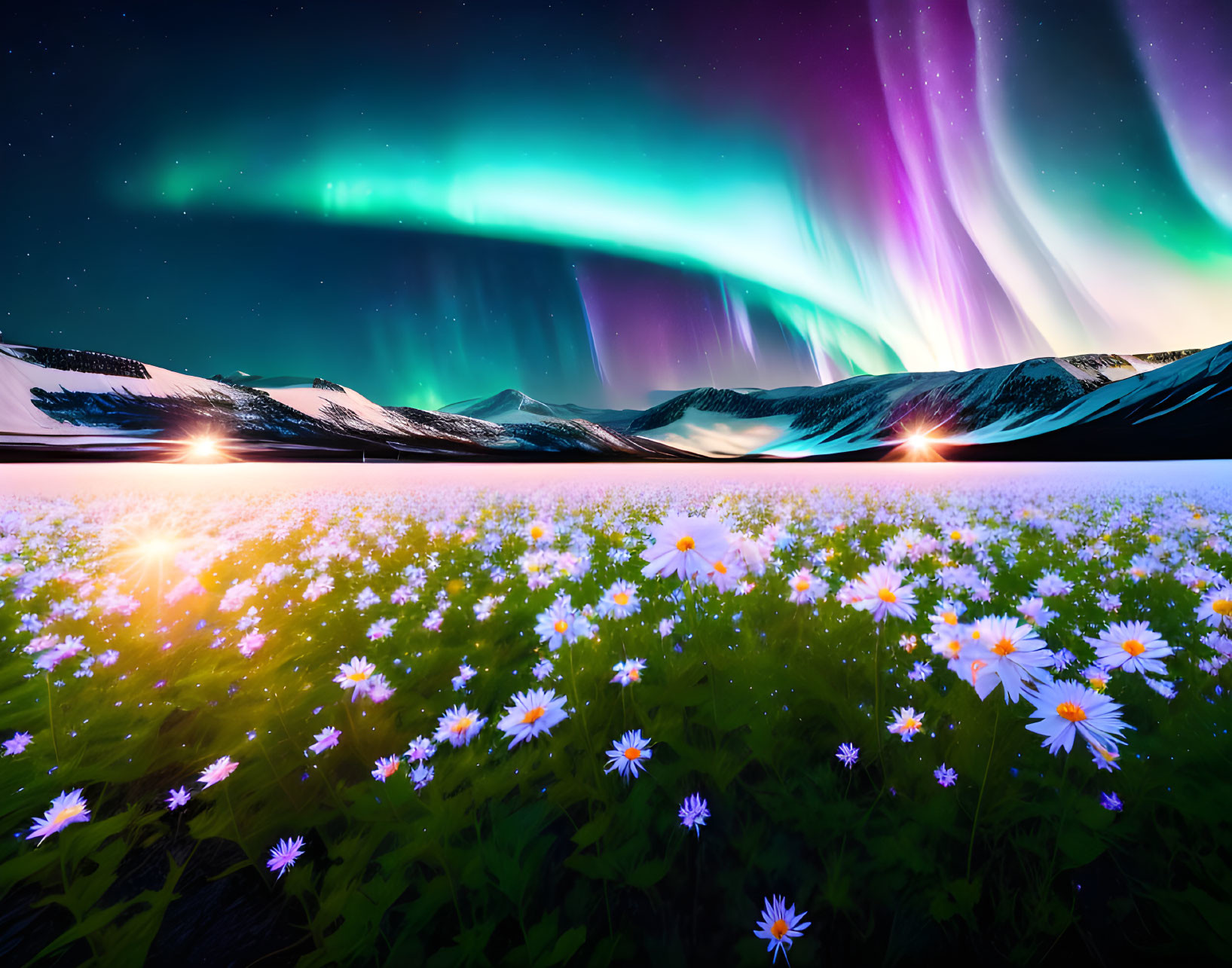 Colorful aurora borealis over daisy field and mountains