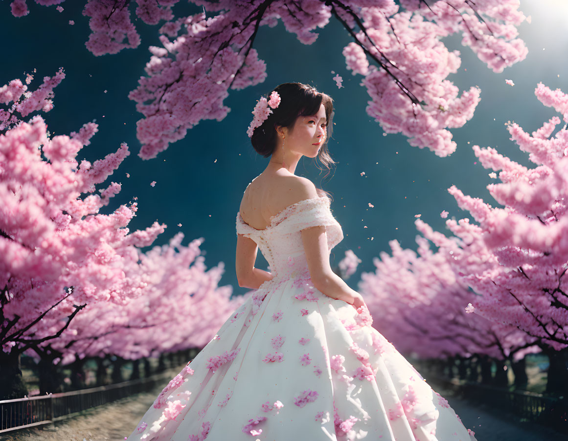 Woman in White Dress Surrounded by Pink Cherry Blossoms