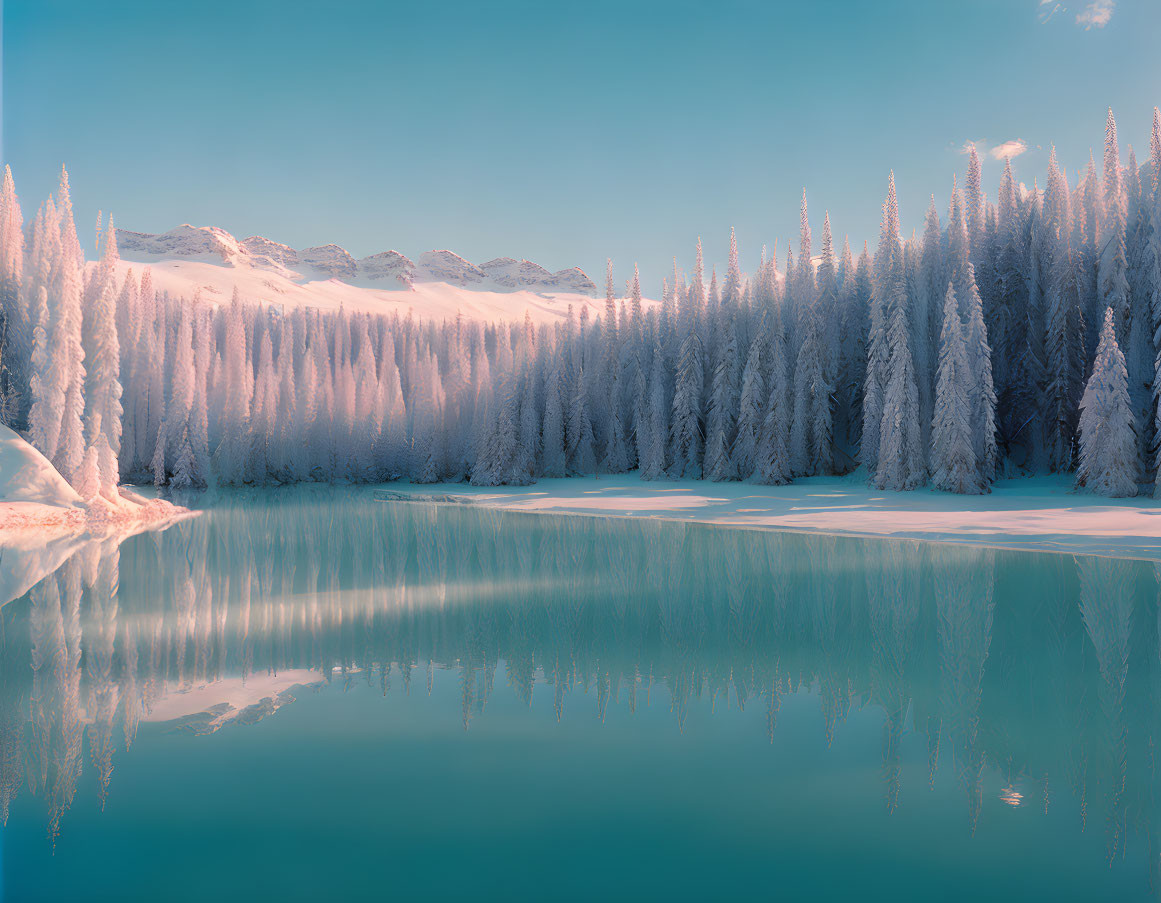 Tranquil winter landscape with turquoise lake and snow-covered trees