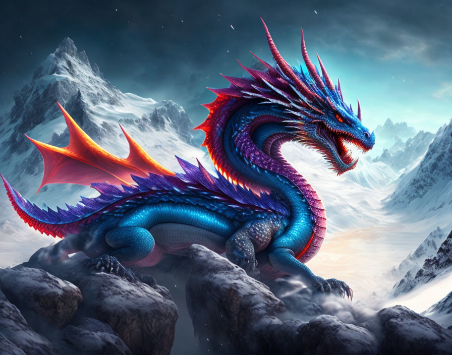 Blue dragon with purple accents on cloud, snowy mountain landscape, twilight sky