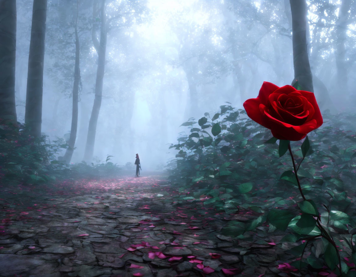 Red rose in focus beside misty forest path and distant figure