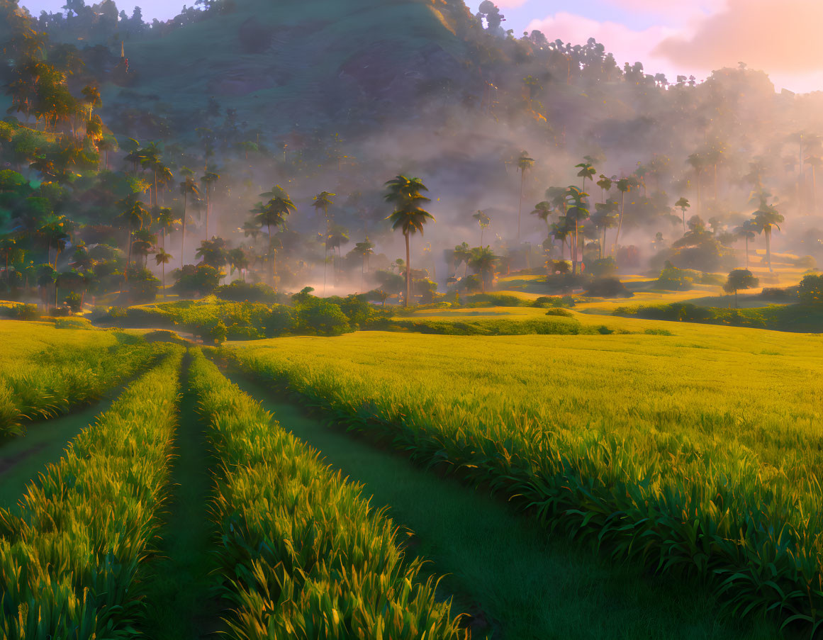 Picturesque sunrise over lush green fields and palm tree forest.