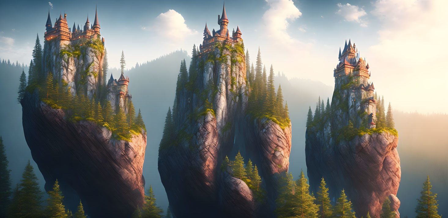 Misty forest landscape with three tall castle-topped spires at sunrise or sunset