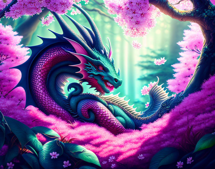 Colorful dragon amidst cherry blossoms in mystical forest