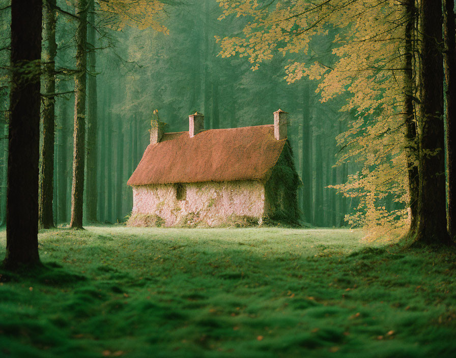 Thatched cottage in serene autumn forest clearing