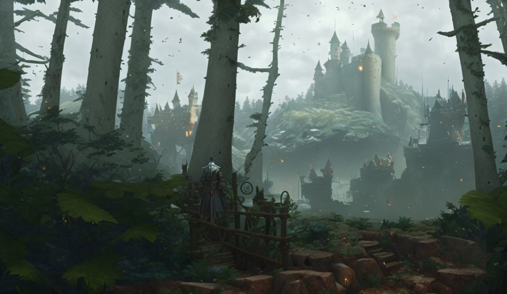 Enchanting forest with castle, fog, and cloaked figure