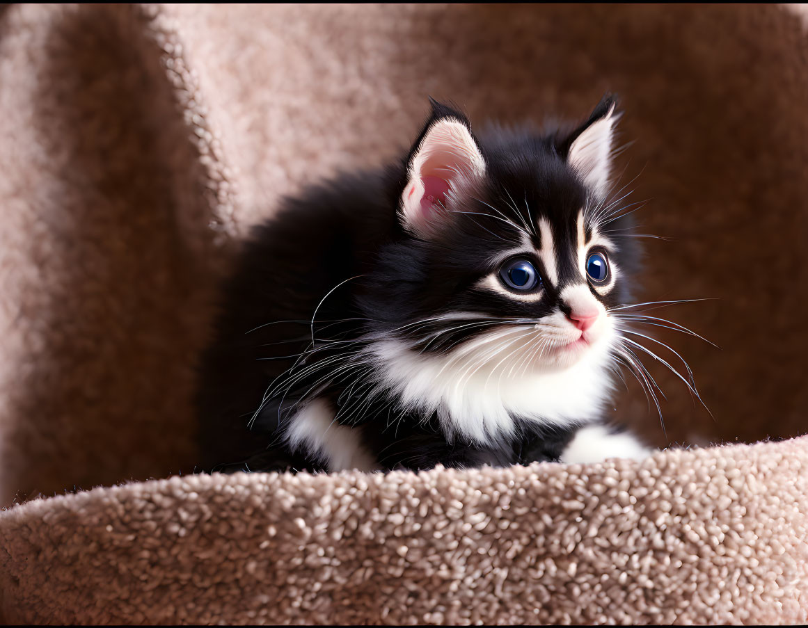 Fluffy black and white kitten with blue eyes on soft brown surface