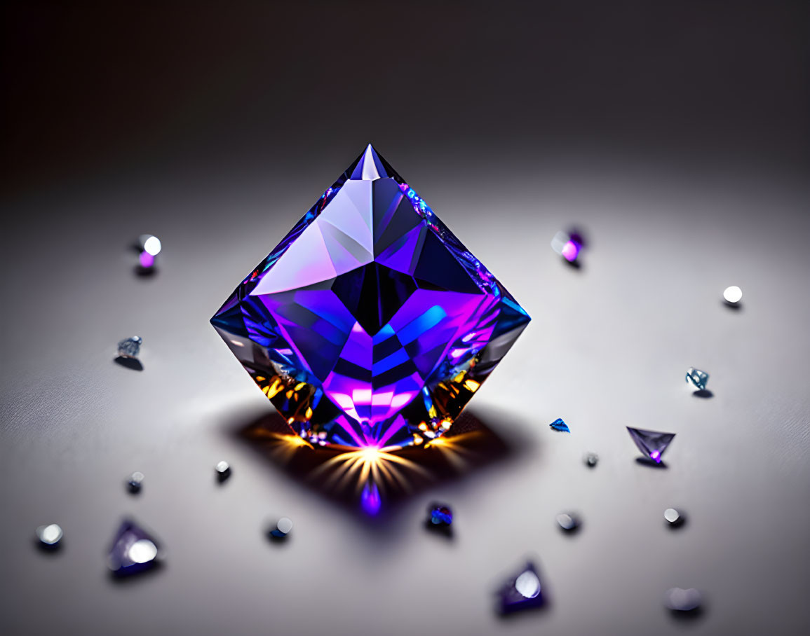 Vivid Multifaceted Gemstone Shining Brightly on Reflective Surface