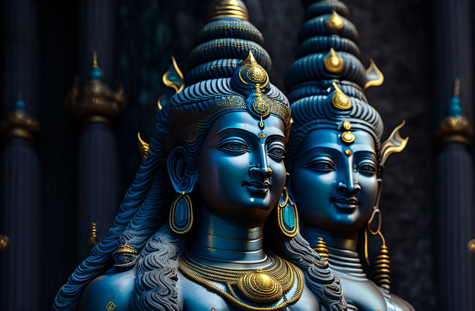 Detailed Blue Hindu Statues on Dark Background