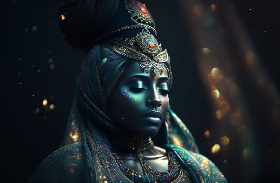 Blue-skinned woman in ethnic jewelry and headgear with soft glowing lights