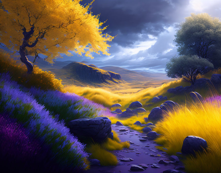 Tranquil landscape with colorful flowers, winding stream, and dramatic sky