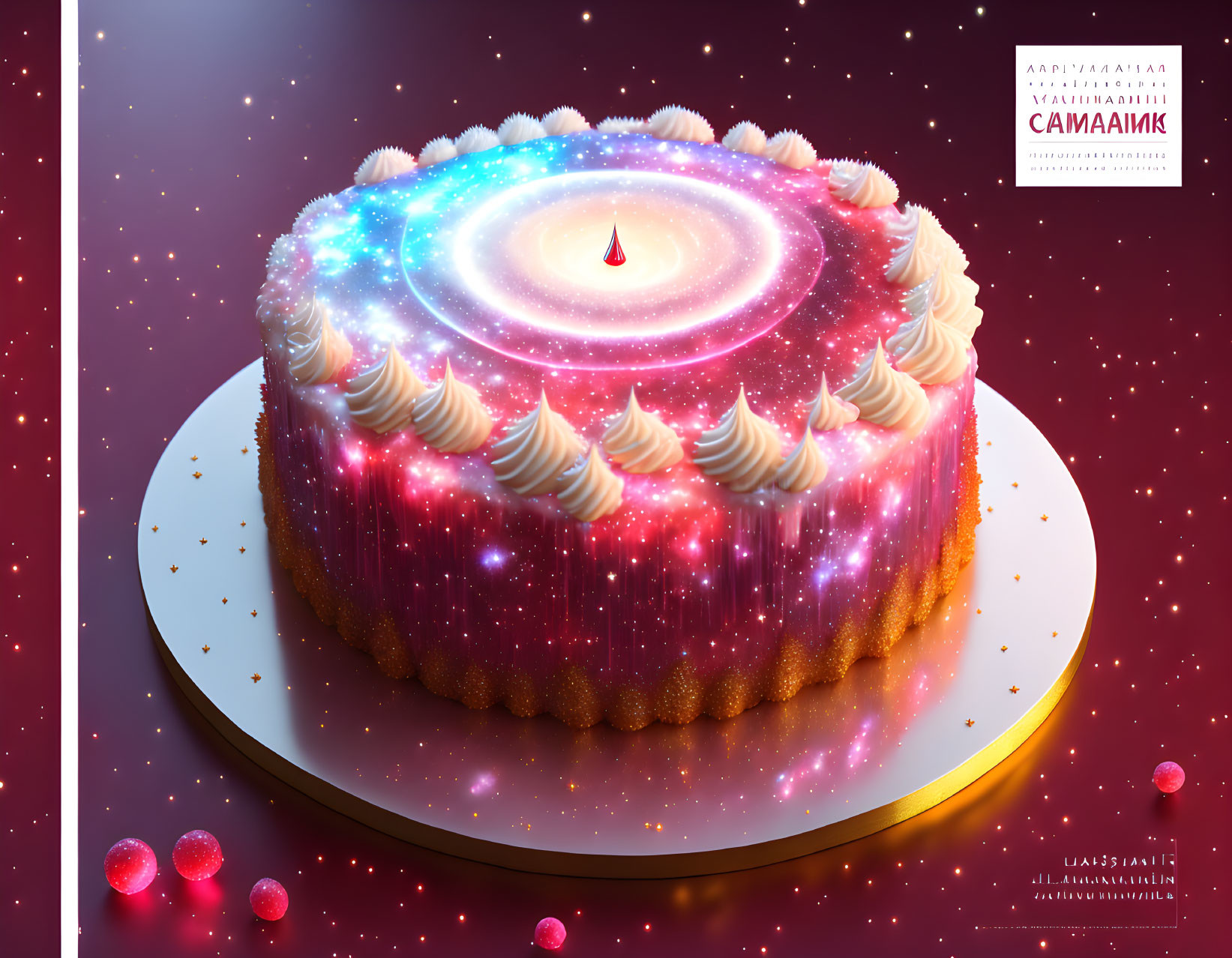 Cosmic-themed birthday cake with galaxy icing design and lit candle on golden stand