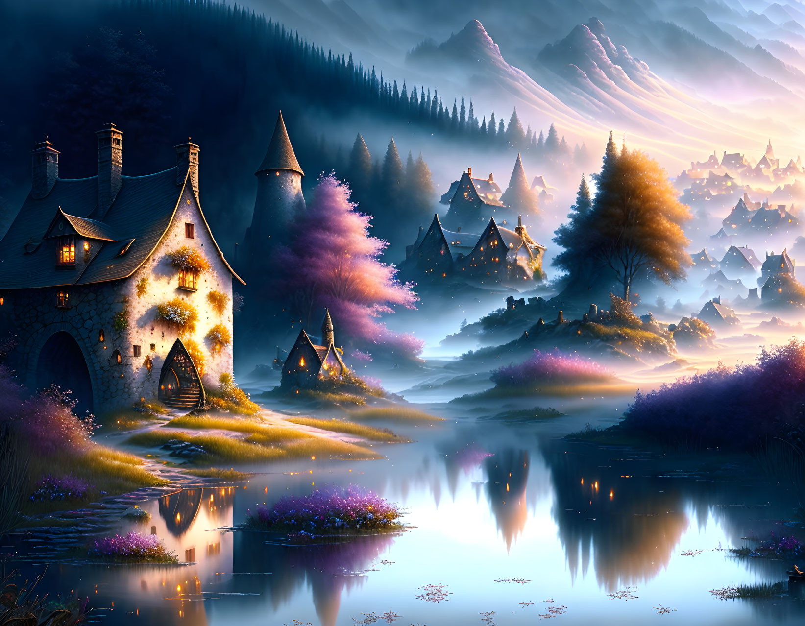 Tranquil fantasy village: cottages, reflective lake, misty hills, blossoming trees