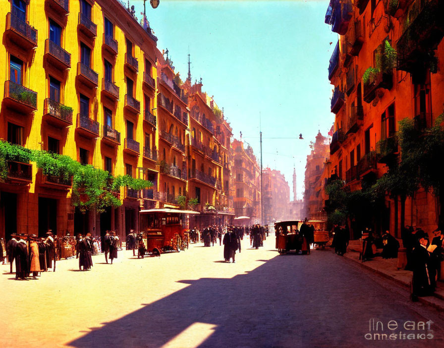 Vintage street scene: elegant buildings, early 20th-century attire, horse-drawn carriages,