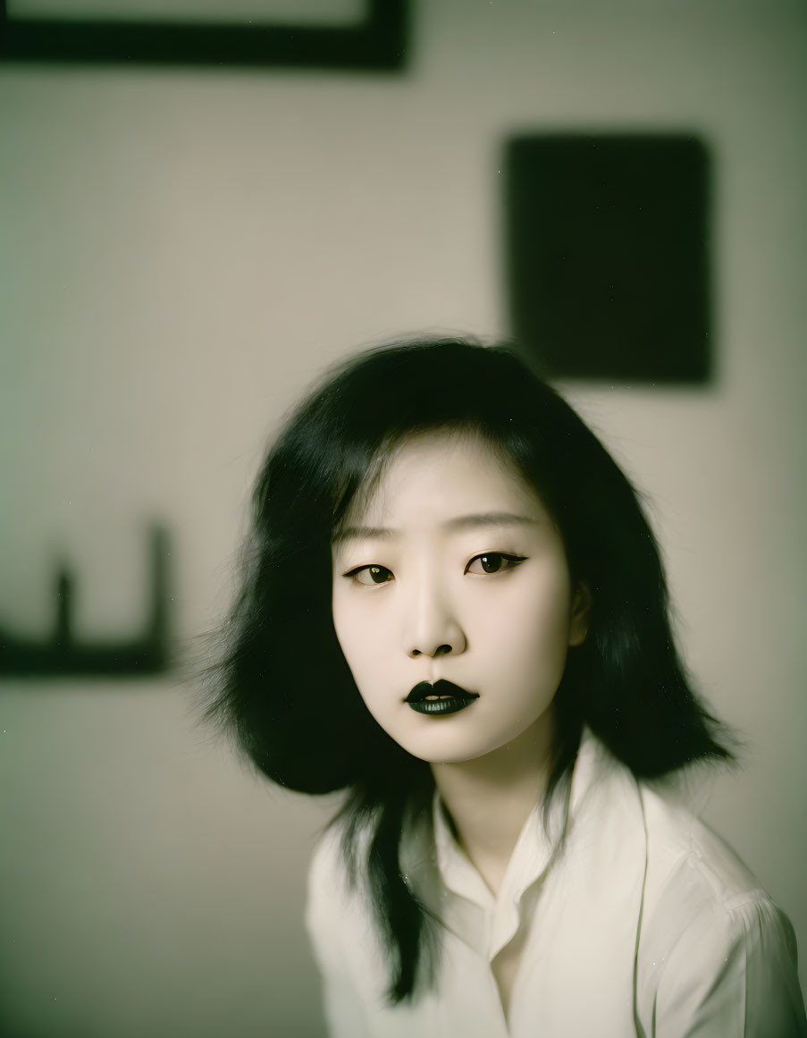 Vintage Style Portrait of Woman with Bobbed Hair and High-Contrast Makeup