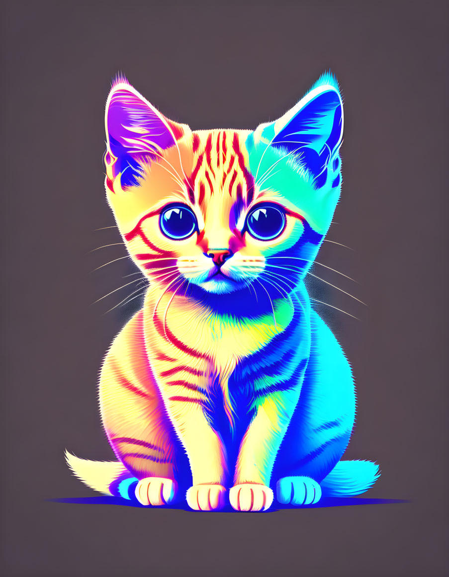 Colorful neon kitten art with gradient eyes on dark backdrop