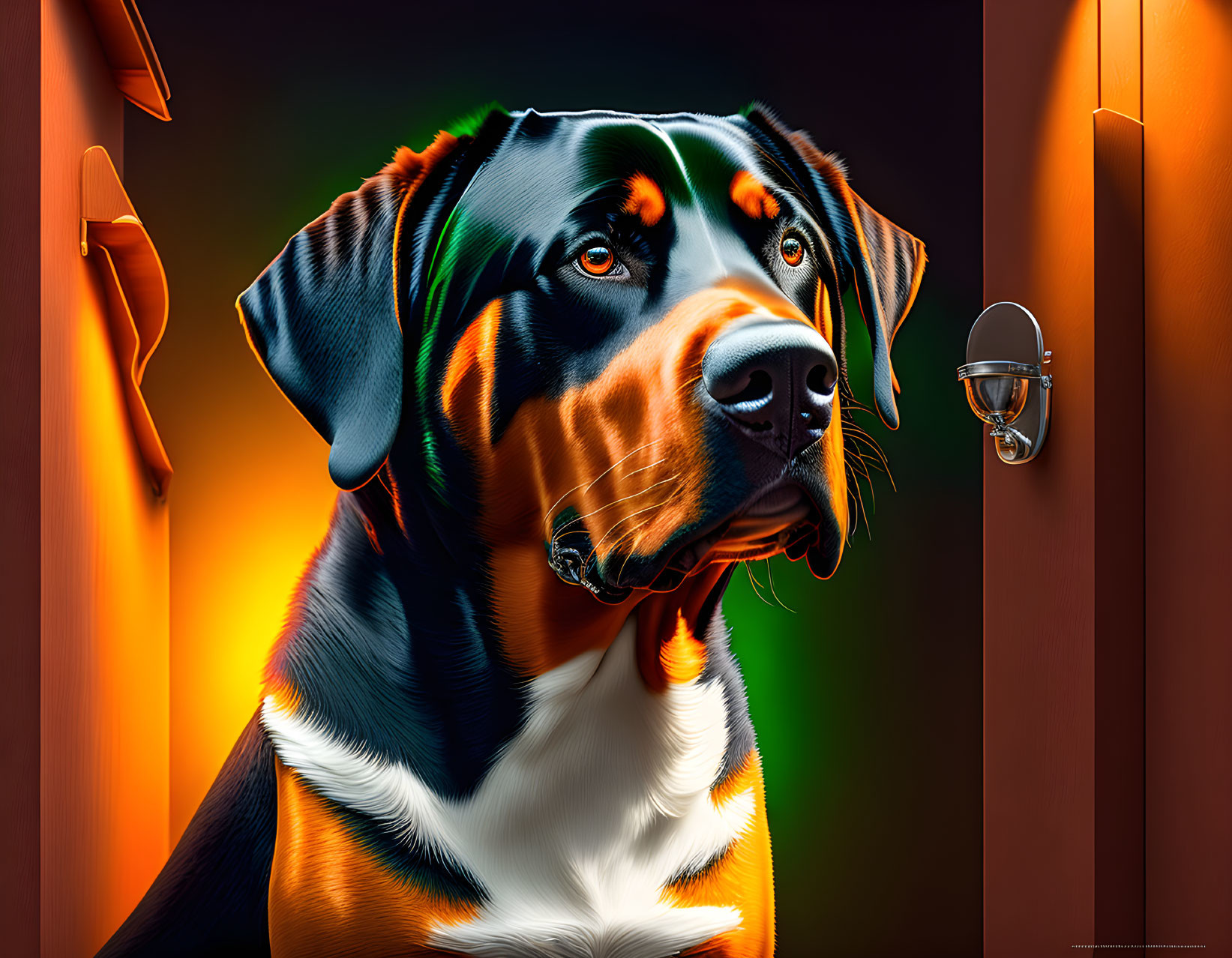 Colorful Greater Swiss Mountain Dog Portrait on Orange Background