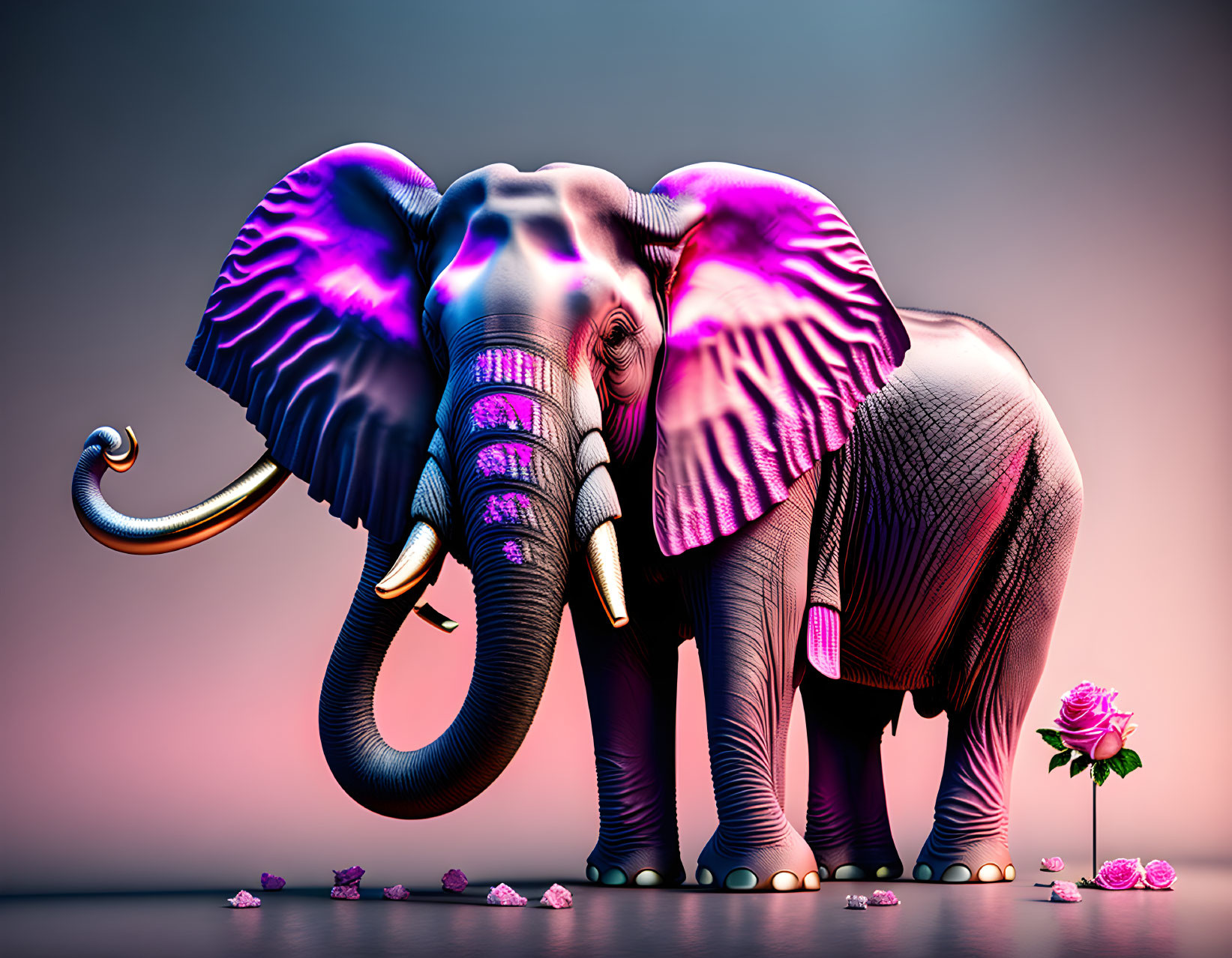 Digitally-rendered elephant with glowing purple and pink hues near a rose on gradient backdrop