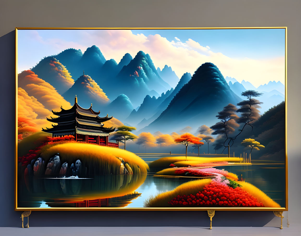 Digital artwork: Serene landscape with mountains, pagoda, autumn trees, and lake on TV.