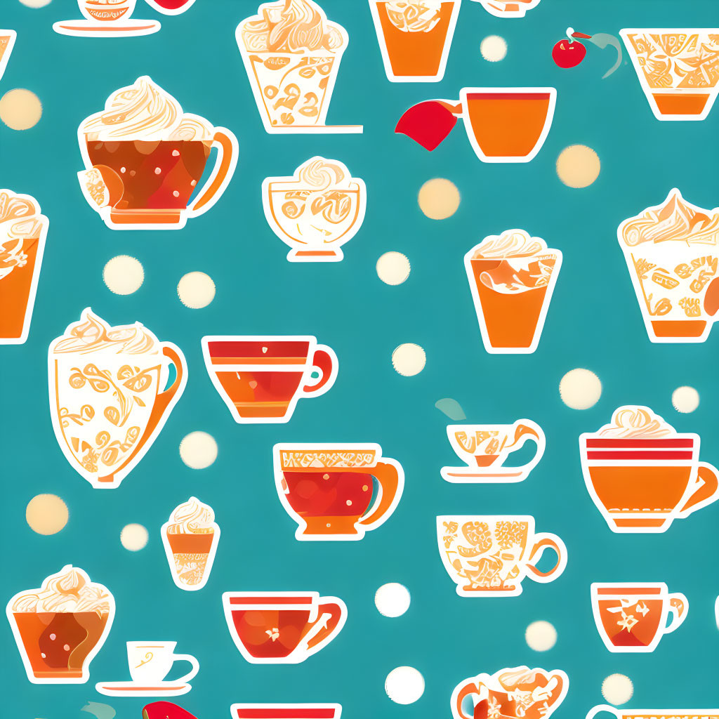 Whimsical coffee and tea cup pattern on teal background