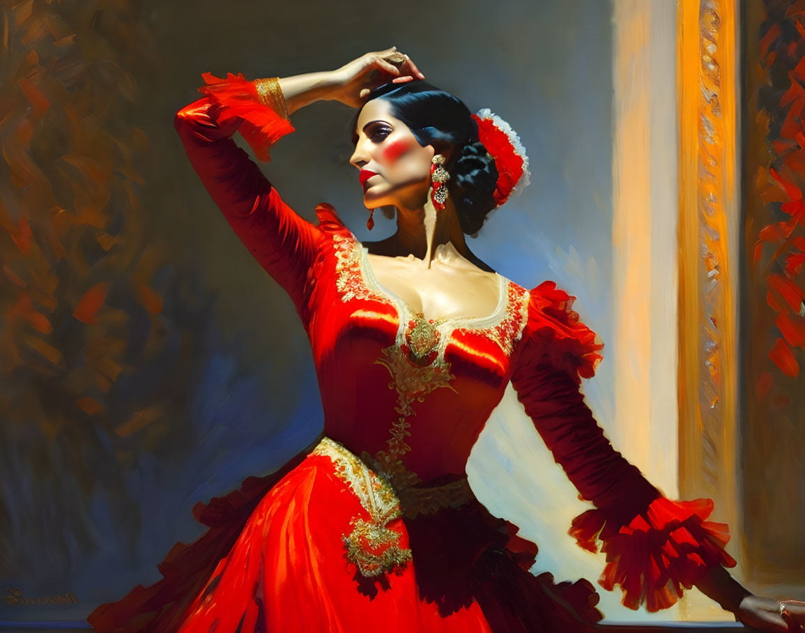 Vibrant Red Flamenco Dancer in Dramatic Pose