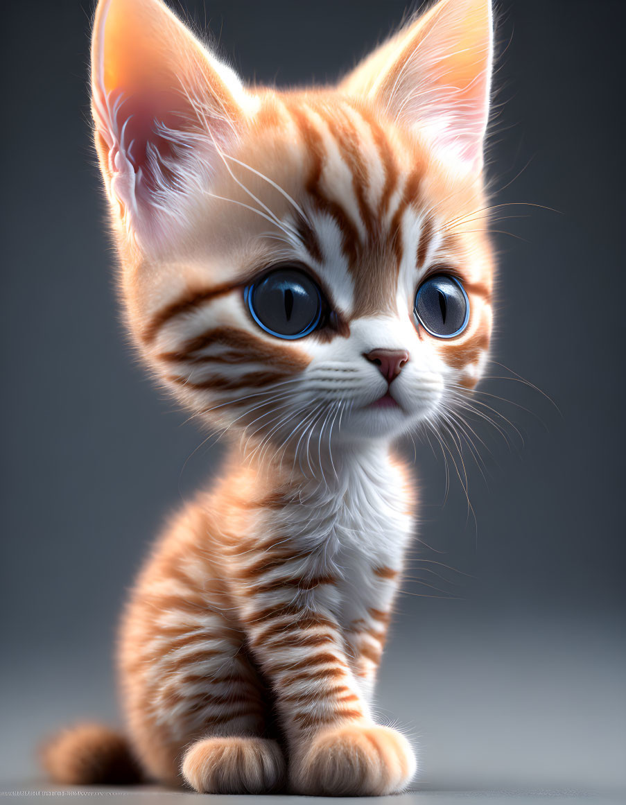 Adorable Orange Tabby Kitten with Blue Eyes and Whiskers Against Gray Background