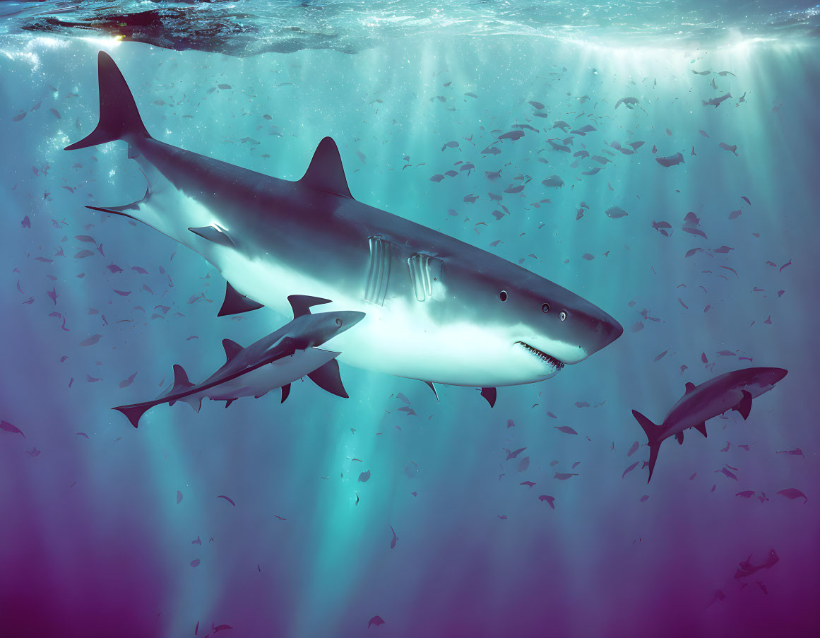 Underwater scene with prominent shark and smaller fish swimming amidst light rays