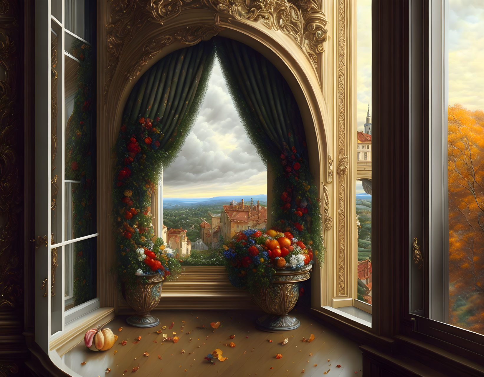 Ornate window with autumn landscape and castle view