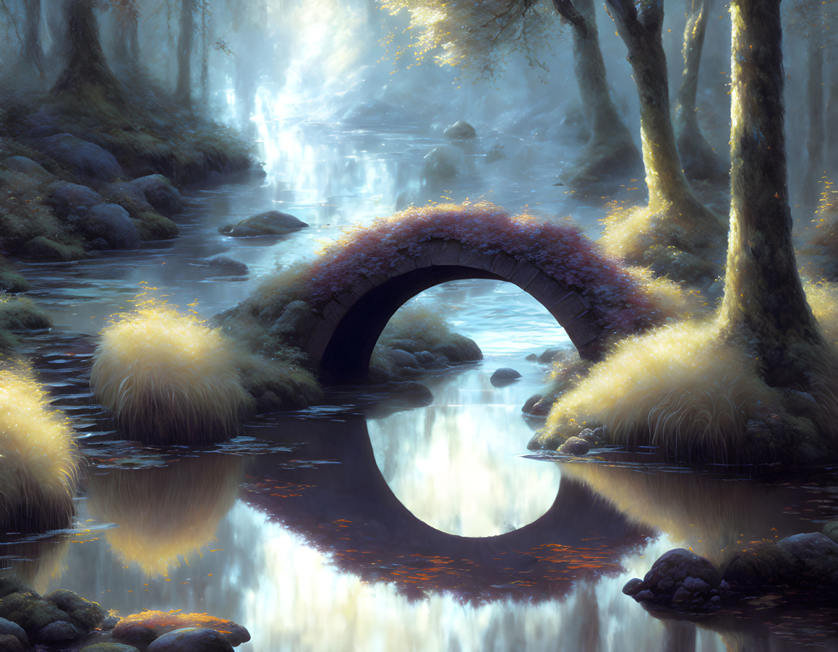 Tranquil fantasy forest scene with stone bridge and soft light