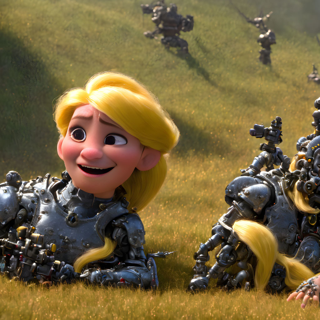 Blonde girl in armor with robots in grass - Playful scene