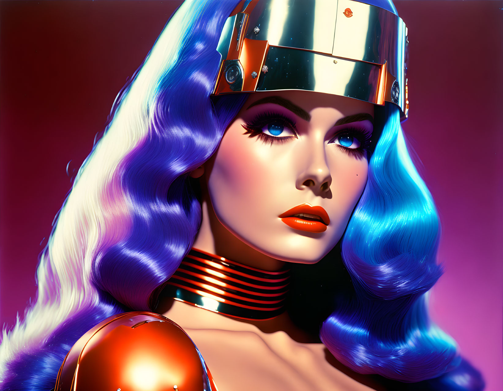 Stylized female figure with blue hair in futuristic silver armor on pink background