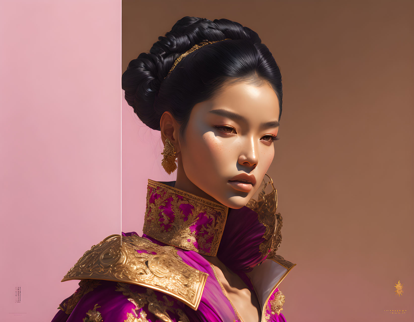 Digital artwork: Asian woman with ornate braid in purple and gold traditional attire.