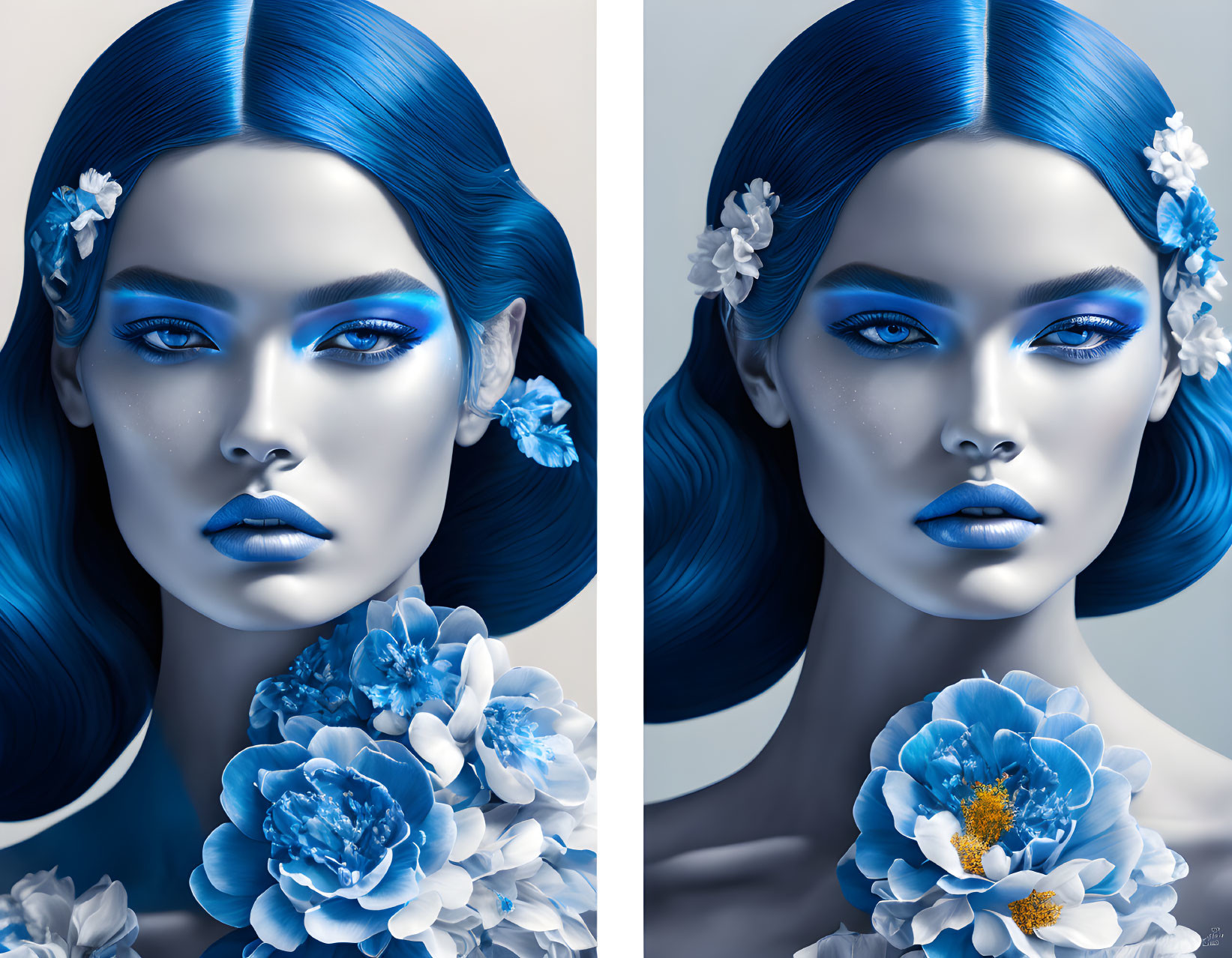 Artistic portraits of woman with blue skin, hair adorned with blue flowers, bold makeup.