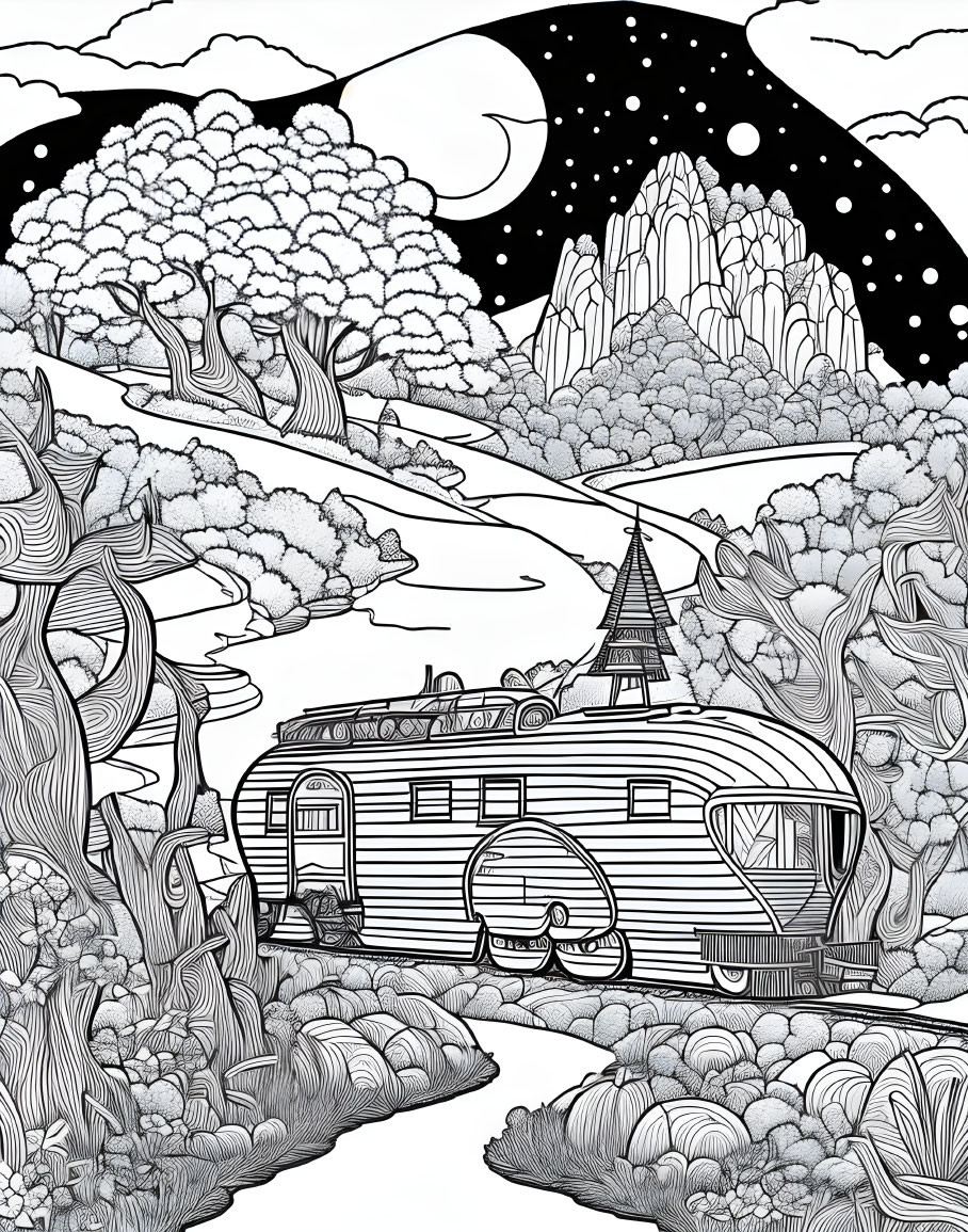 Detailed black and white landscape with mountains, moon, stars, trees, stream, and caravan.