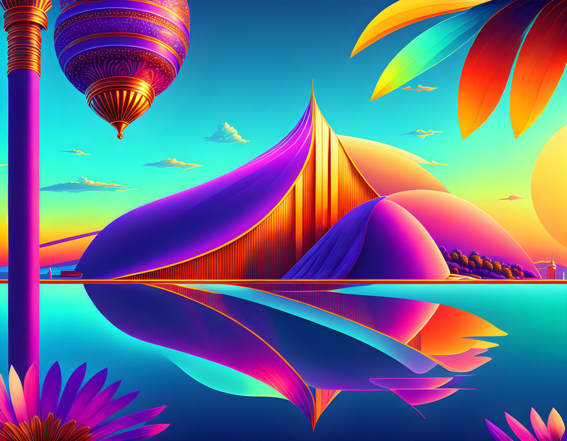 Surreal landscape with flowing shapes and hot air balloons at sunset