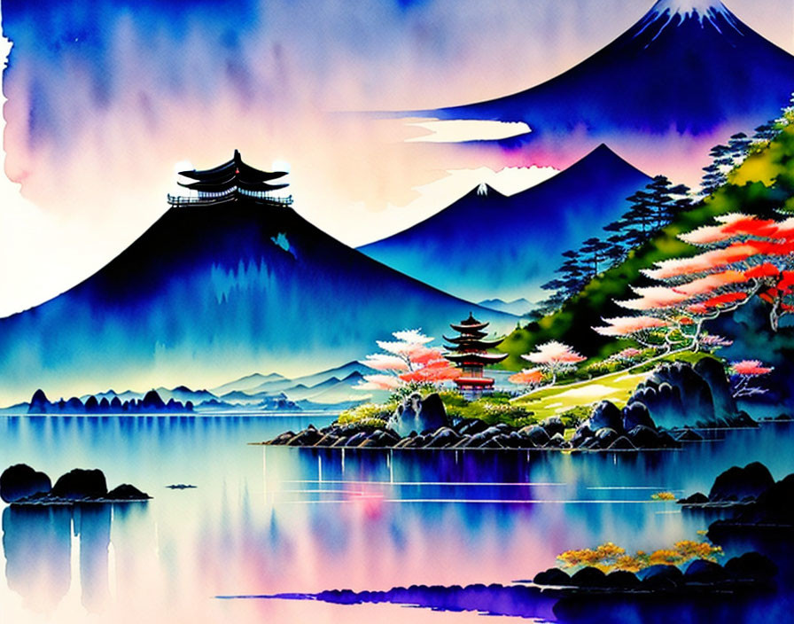 Scenic watercolor: Mount Fuji, pagoda, cherry blossoms, reflective lake