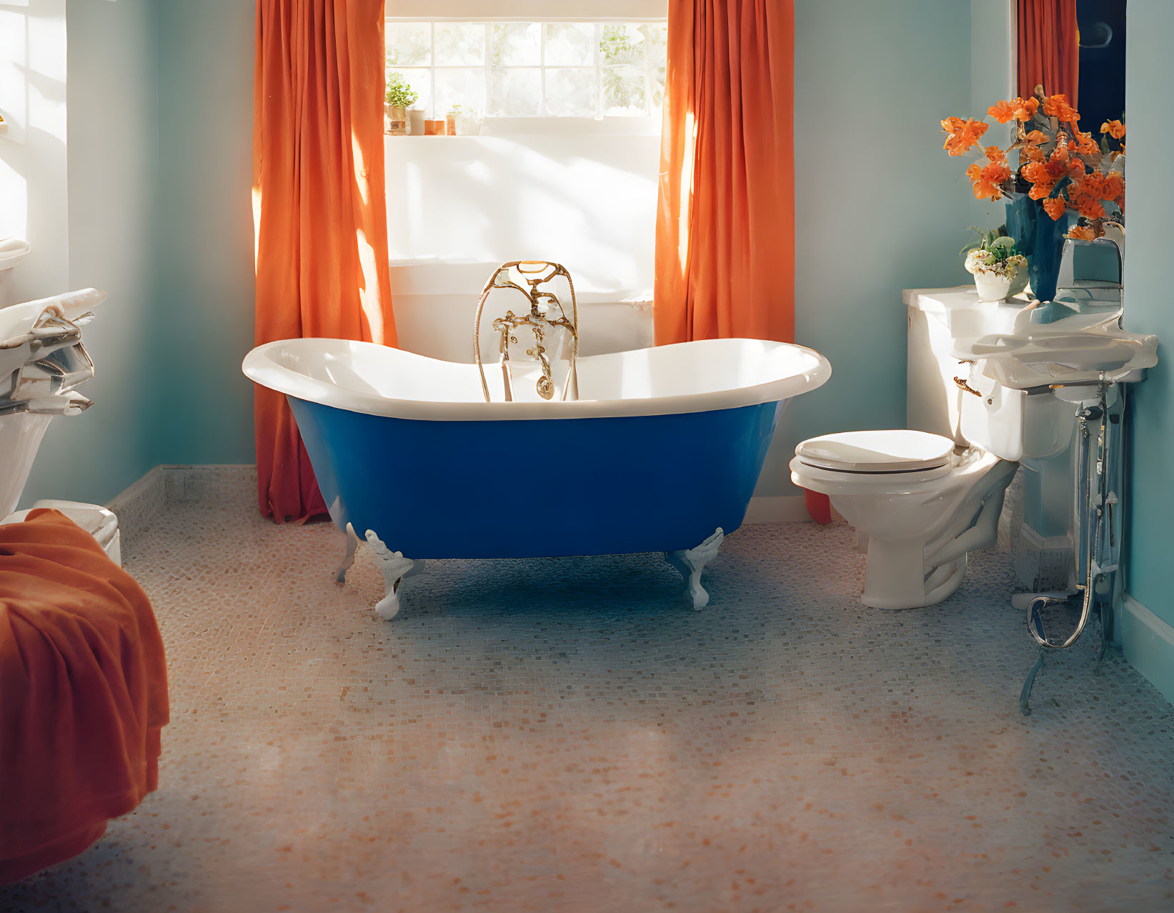 Bright Bathroom with Blue Clawfoot Tub and Orange Curtains