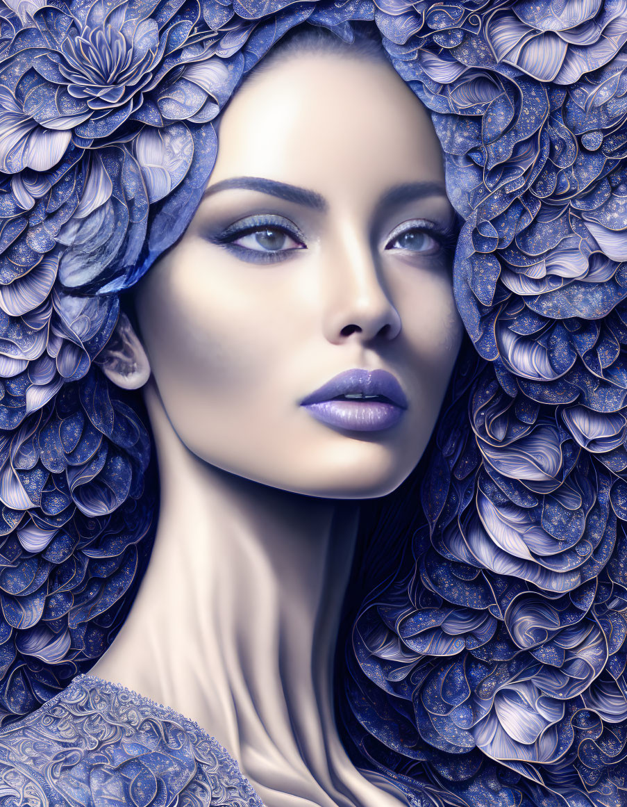 Portrait of woman with violet hues and floral patterns exudes serene ambiance