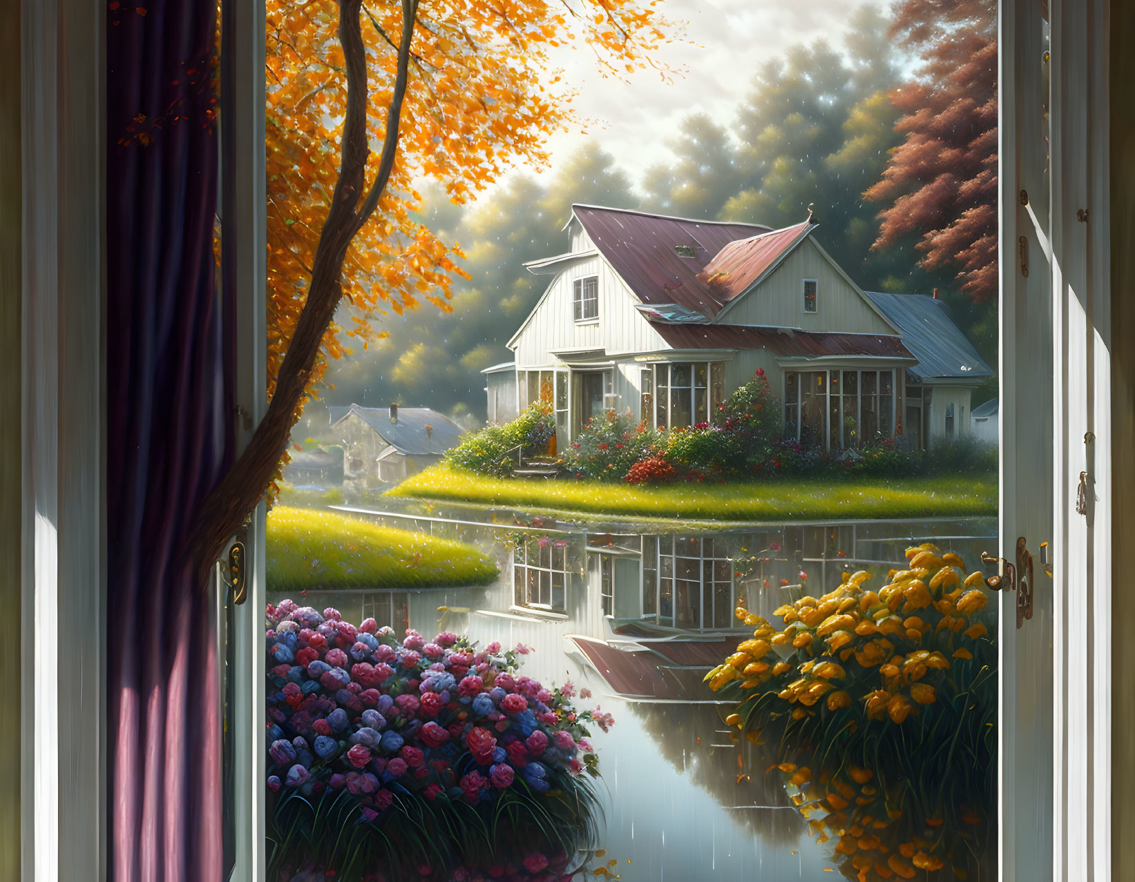 Tranquil countryside home with water body and vibrant flora