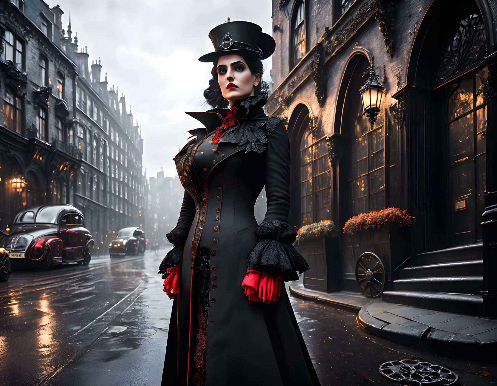 Victorian-inspired gothic outfit on confident woman in moody street scene.